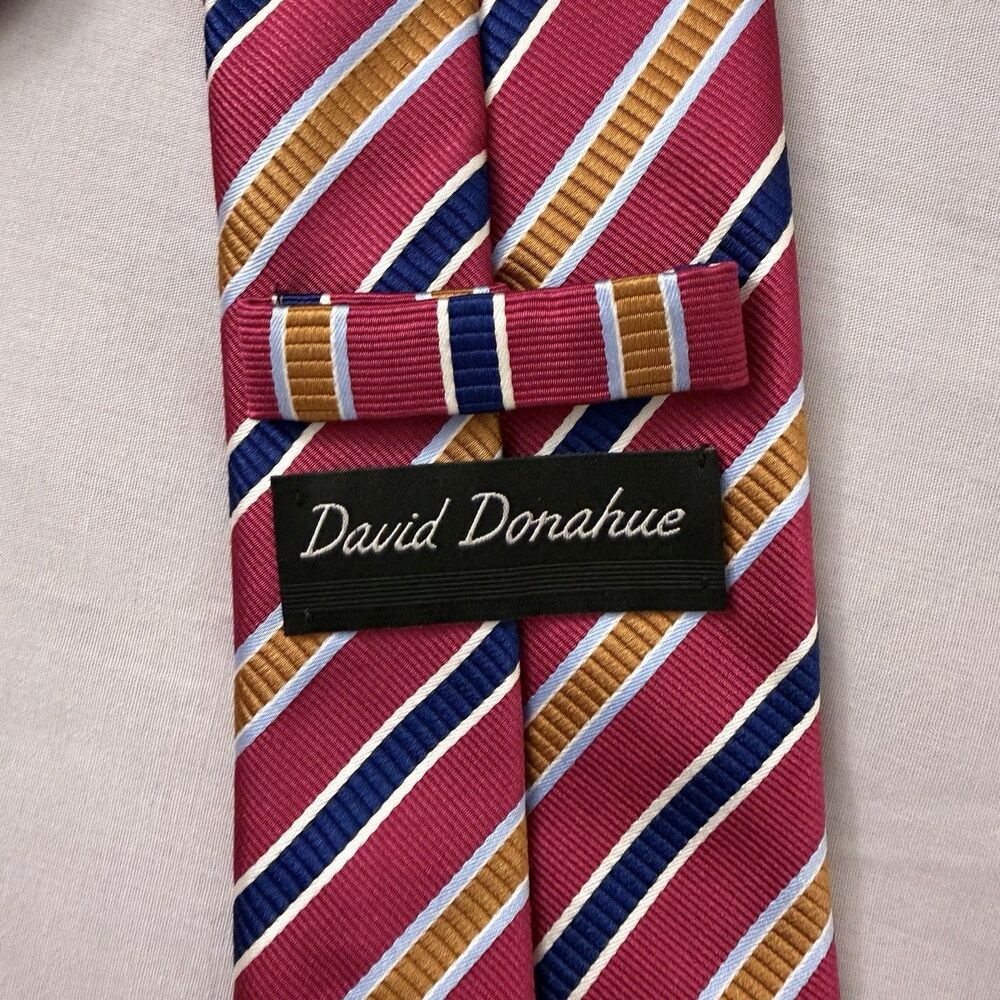 David Donahue Luxury Tie Red Blue Striped Silk Necktie Woven In Italy Made USA